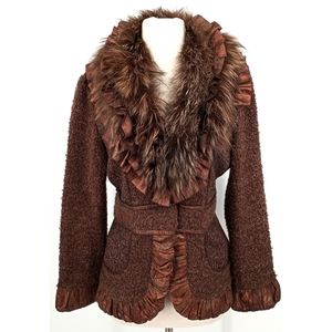 Anis.A Wool Blend Real Fur  Trim Brown Jacket